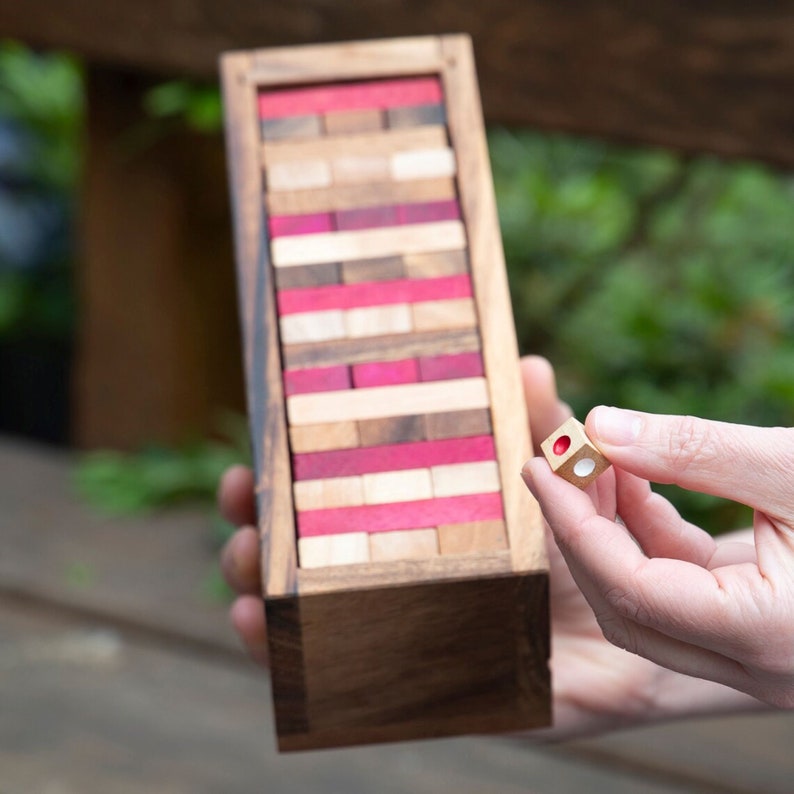 Stacking tumbling blocks wood Red colours balance game with dice play options handmade stacking Fun Board Games Kids Ages 4 to Adults 1