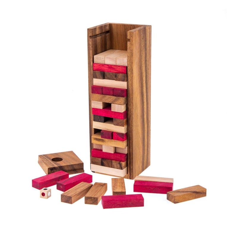 Stacking tumbling blocks wood Red colours balance game with dice play options handmade stacking Fun Board Games Kids Ages 4 to Adults 2