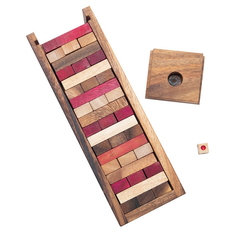 Stacking tumbling blocks wood Red colours balance game with dice play options handmade stacking Fun Board Games Kids Ages 4 to Adults 3