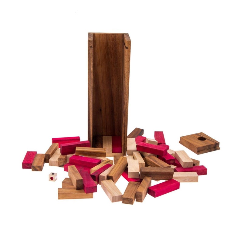 Stacking tumbling blocks wood Red colours balance game with dice play options handmade stacking Fun Board Games Kids Ages 4 to Adults 4