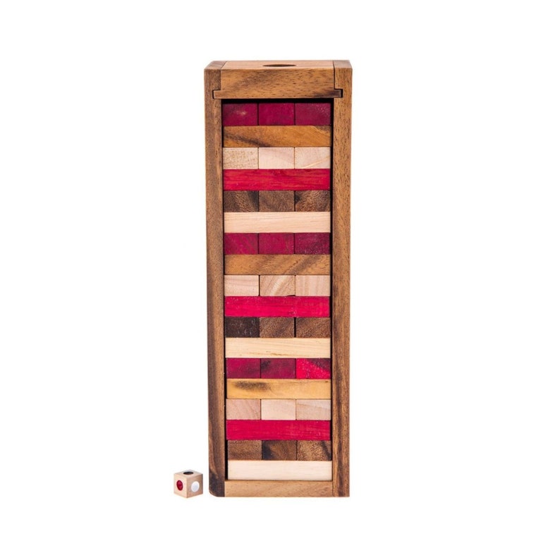 Stacking tumbling blocks wood Red colours balance game with dice play options handmade stacking Fun Board Games Kids Ages 4 to Adults 5