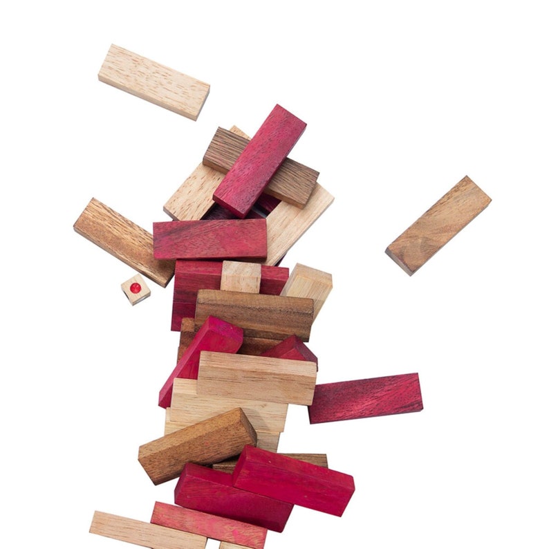 Stacking tumbling blocks wood Red colours balance game with dice play options handmade stacking Fun Board Games Kids Ages 4 to Adults 6