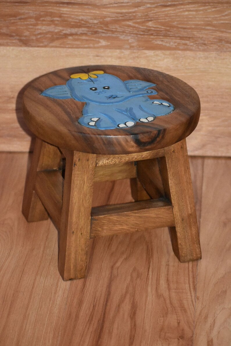 Children's Wooden Stool Blue Baby ELEPHANT Themed Chair Toddlers Step sitting Stool 6