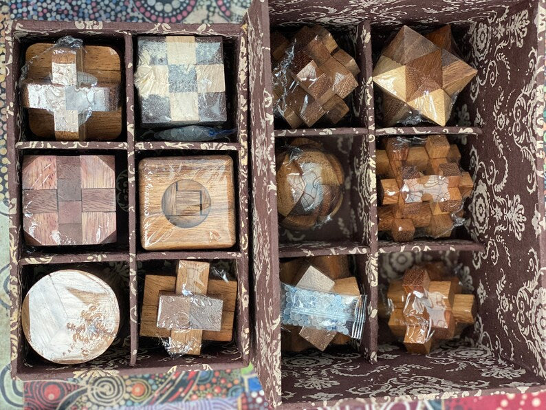 12 unique hand made wooden Puzzles in a Deluxe Gift Box Set-for kids or adults 4