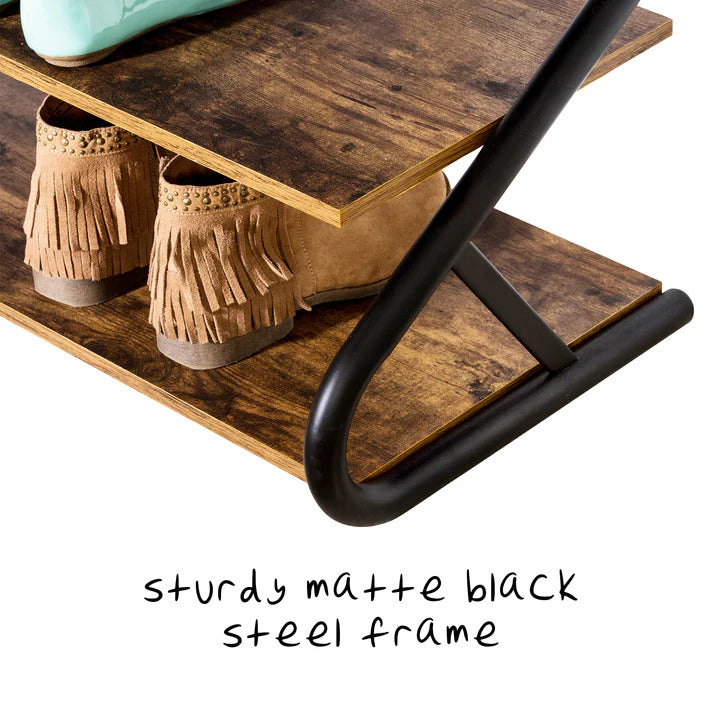 Matte Black Frame Rustic Wood 3-Tier Medium Shoe Rack Shelf Stand Storage Organizer 5