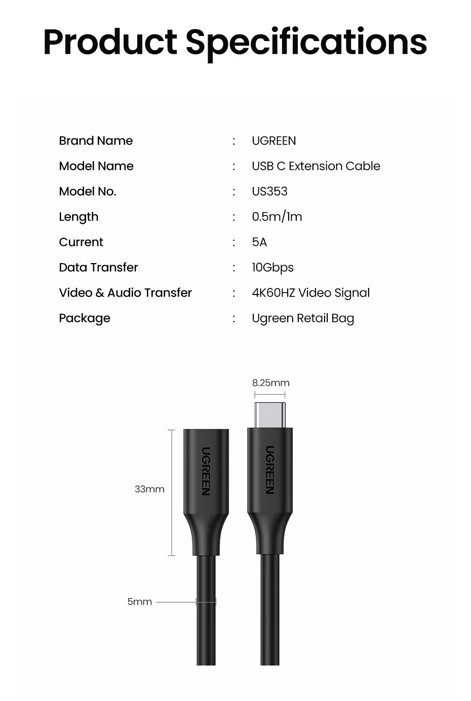 UGREEN 10387 USB-C Extension Cable 1M 12