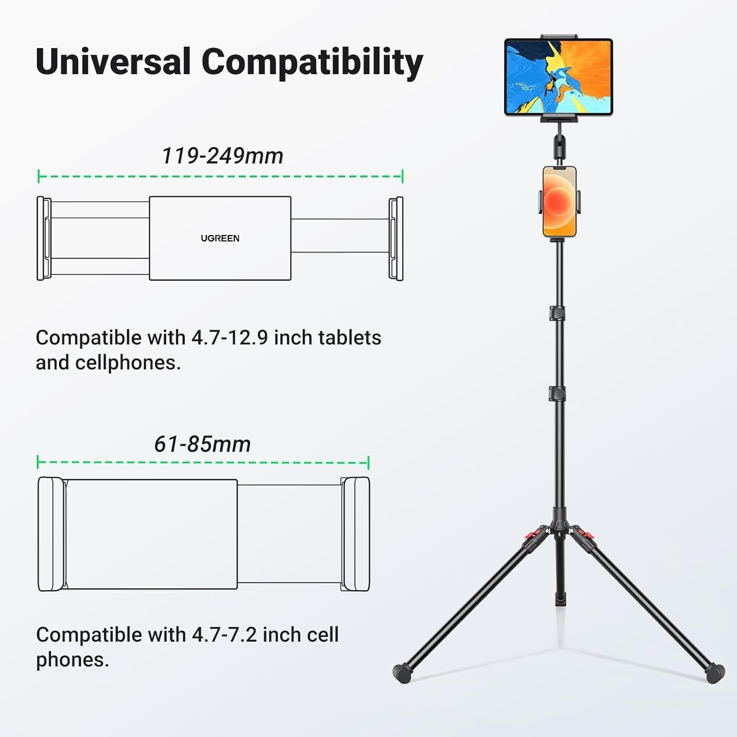 UGREEN 15647 2-in-1 Tablet (Max 12.9 inch) + Phone (Max 7.2 inch) Tripod Stand 7