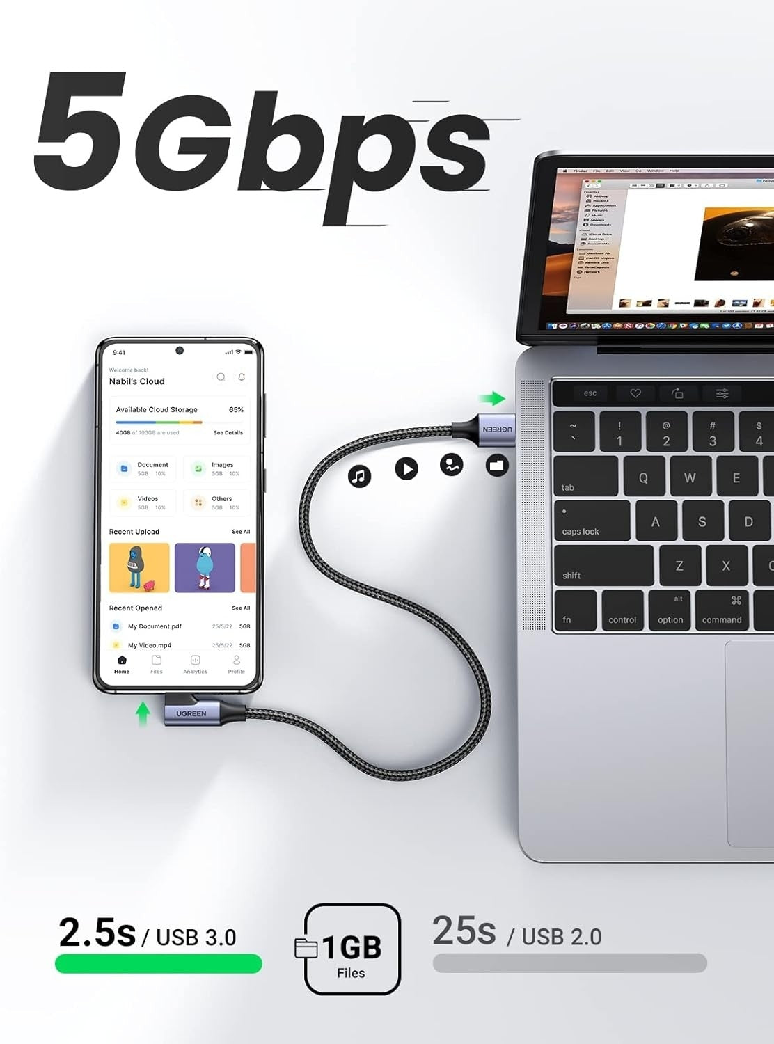 UGREEN 20299 Right Angle USB-C Fast Charging Cable 5Gbps 1M 3