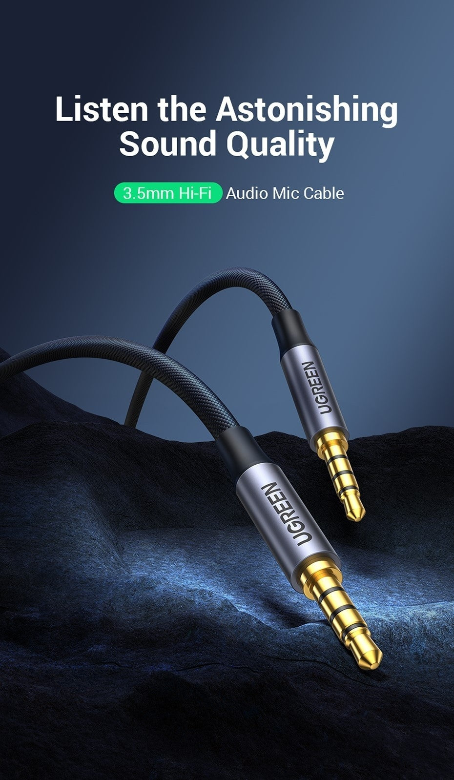 UGREEN 20785 3.5mm Braided 4-Pole Audio Cable Male to Male 3m 5