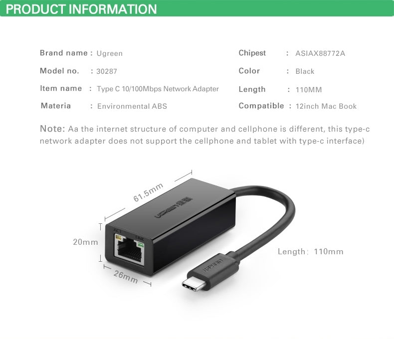 UGREEN 30287 USB-C 10/100Mbps Ethernet Adapter 7