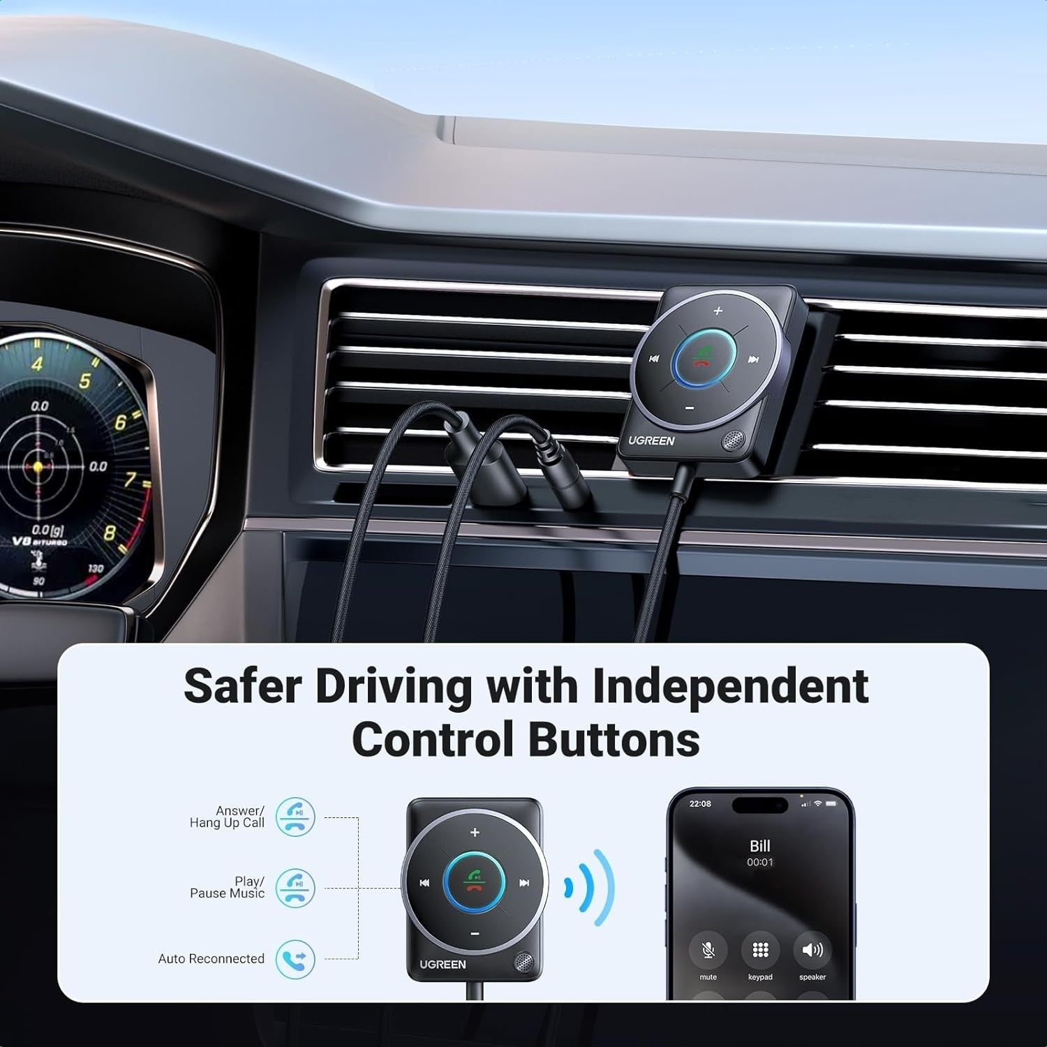 UGREEN 35002 Bluetooth 5.4 Aux Car Adapter (Enhanced Connection & Noise Cancellation) 5