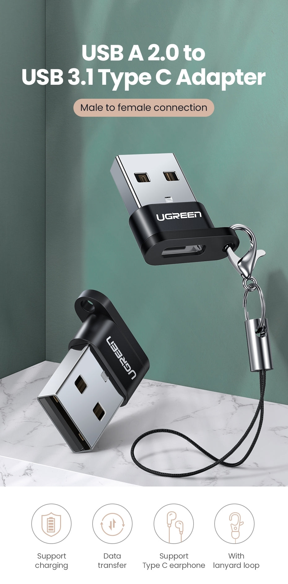 UGREEN 50568 USB-C 3.1 Female to USB-A 2.0 Male Adapter 3