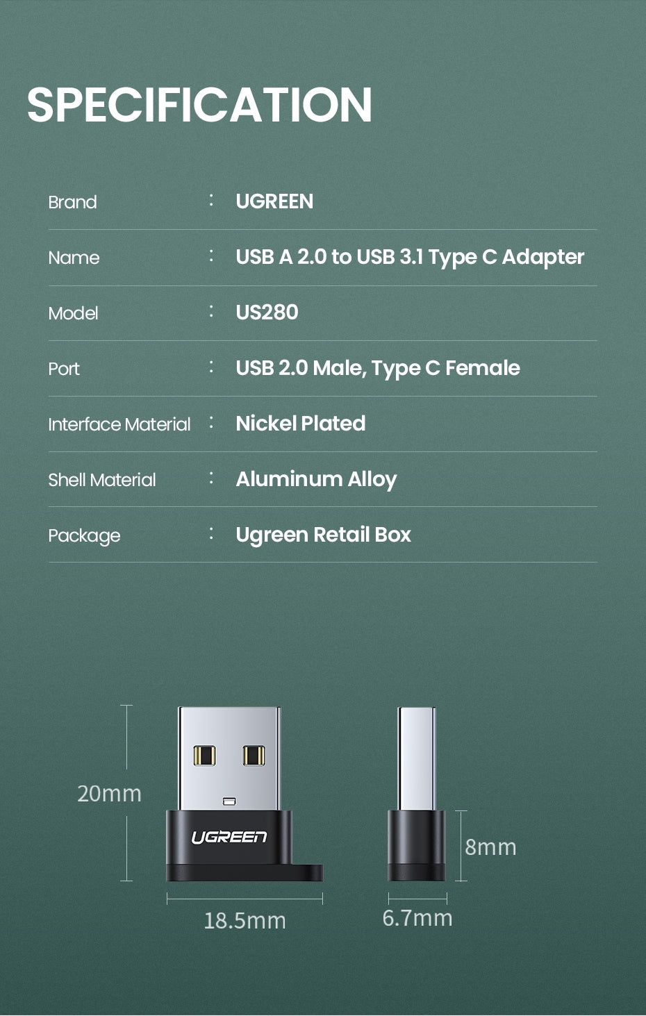 UGREEN 50568 USB-C 3.1 Female to USB-A 2.0 Male Adapter 10