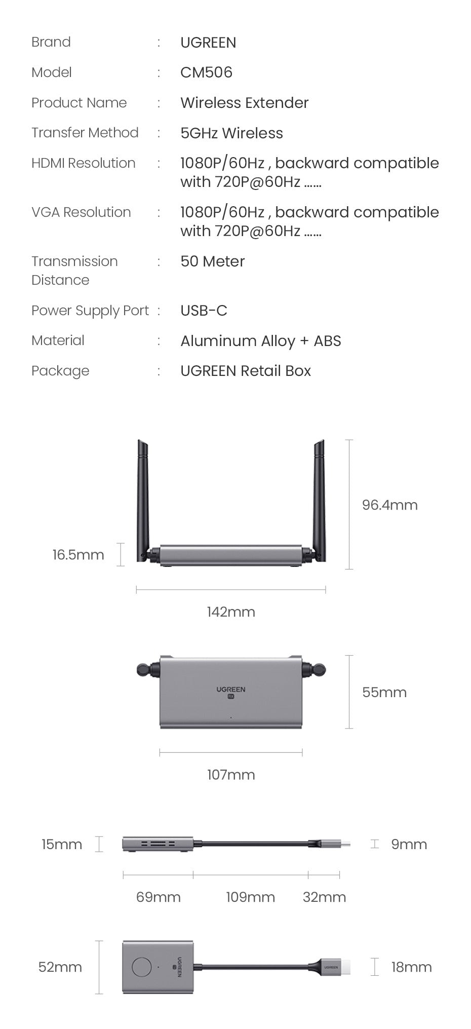 UGREEN 50633A Wireless HDMI Extender Transmitter and Receiver 70m 12