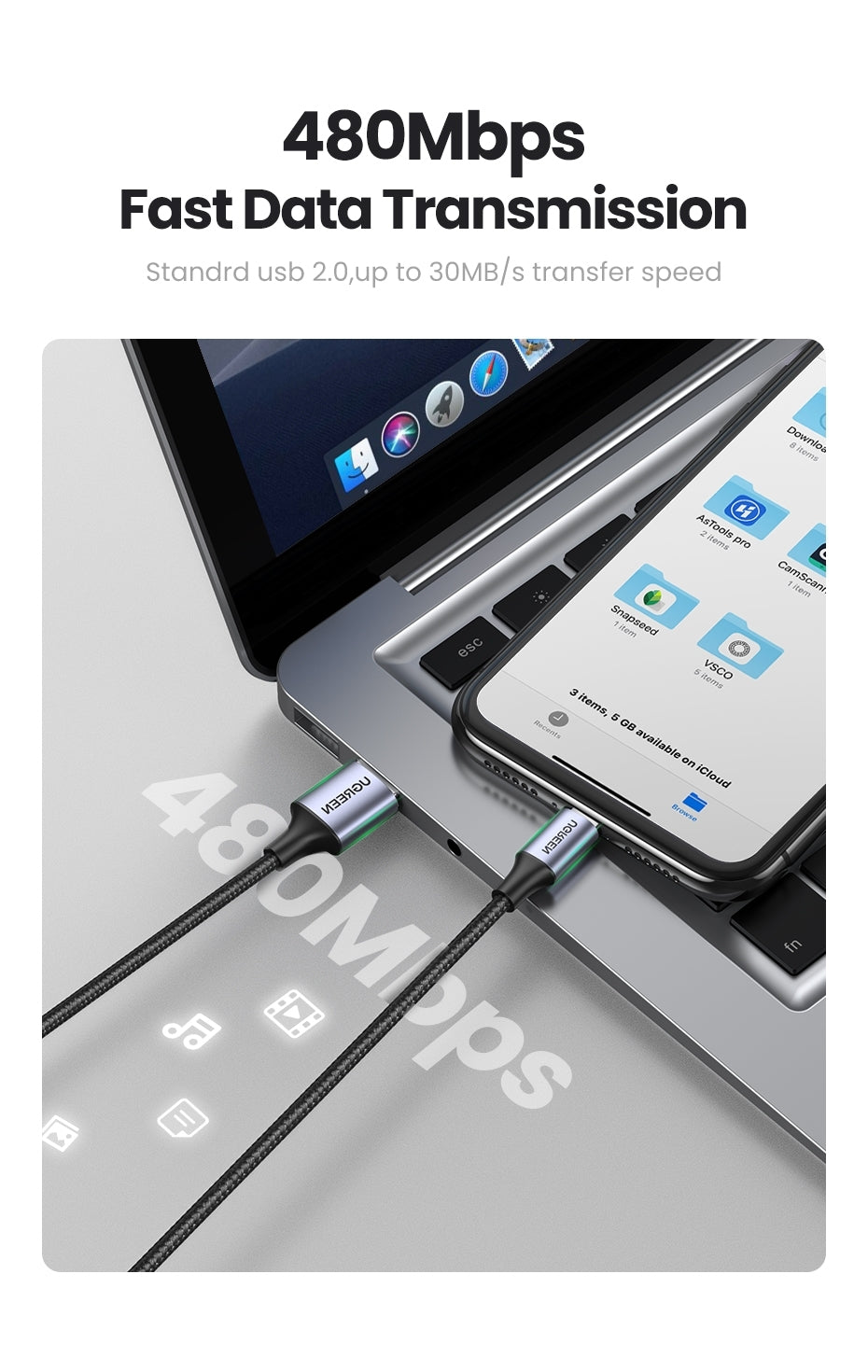 UGREEN 60163 USB-A to 8-pin iPhone Charging Cable 2M Silver 5