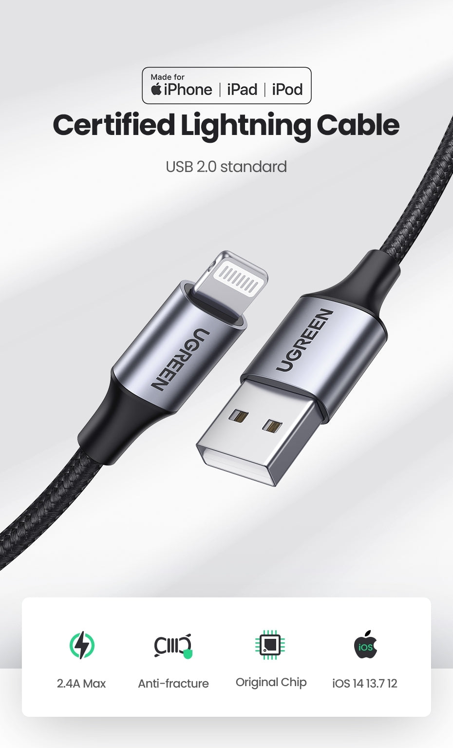 UGREEN 60163 USB-A to 8-pin iPhone Charging Cable 2M Silver 7