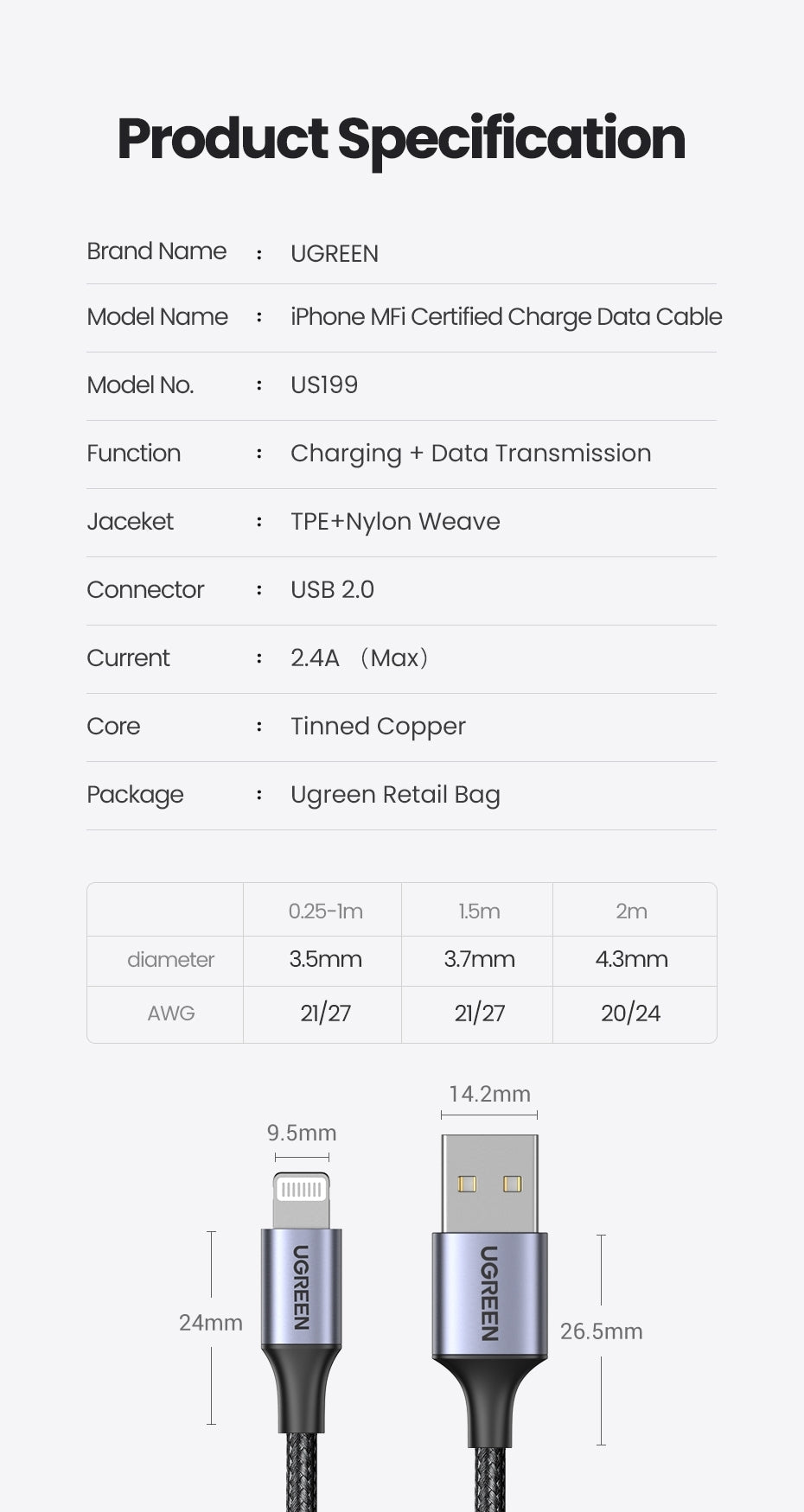 UGREEN 60163 USB-A to 8-pin iPhone Charging Cable 2M Silver 9