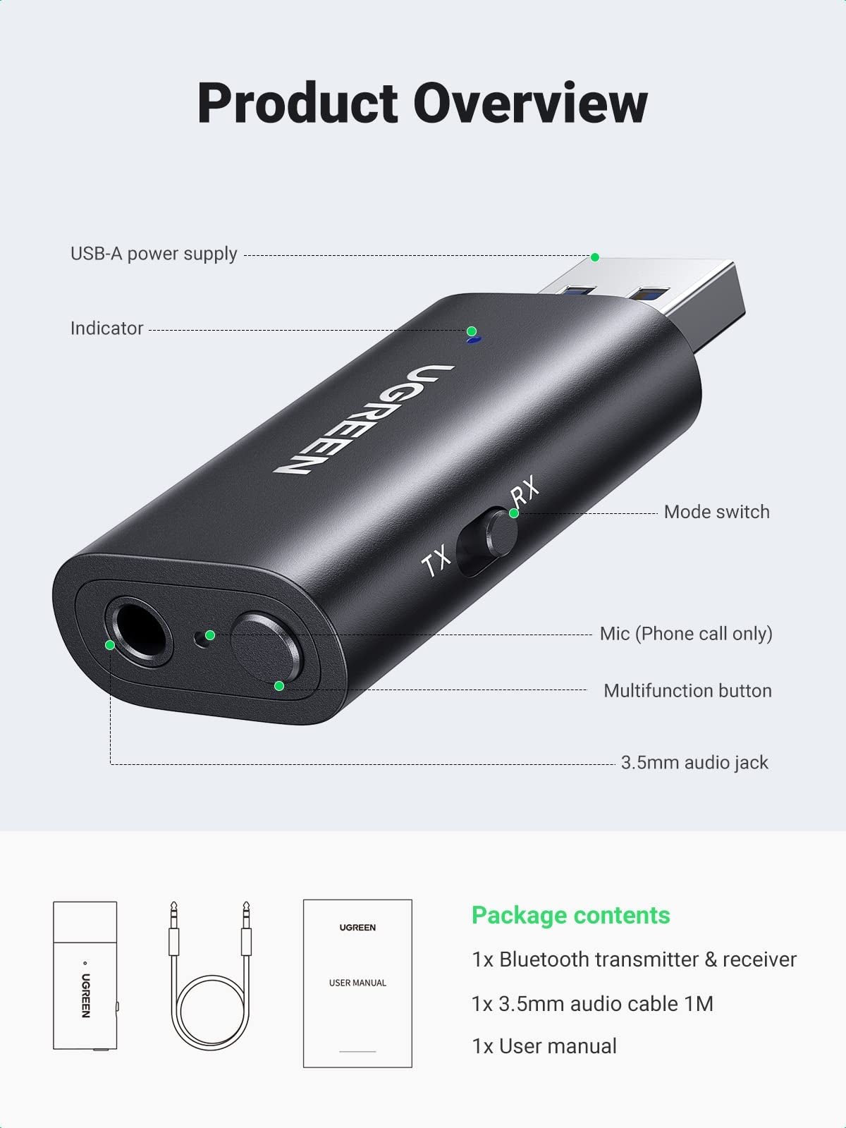 UGREEN 60300 Bluetooth 5.1 Transmitter Receiver 6