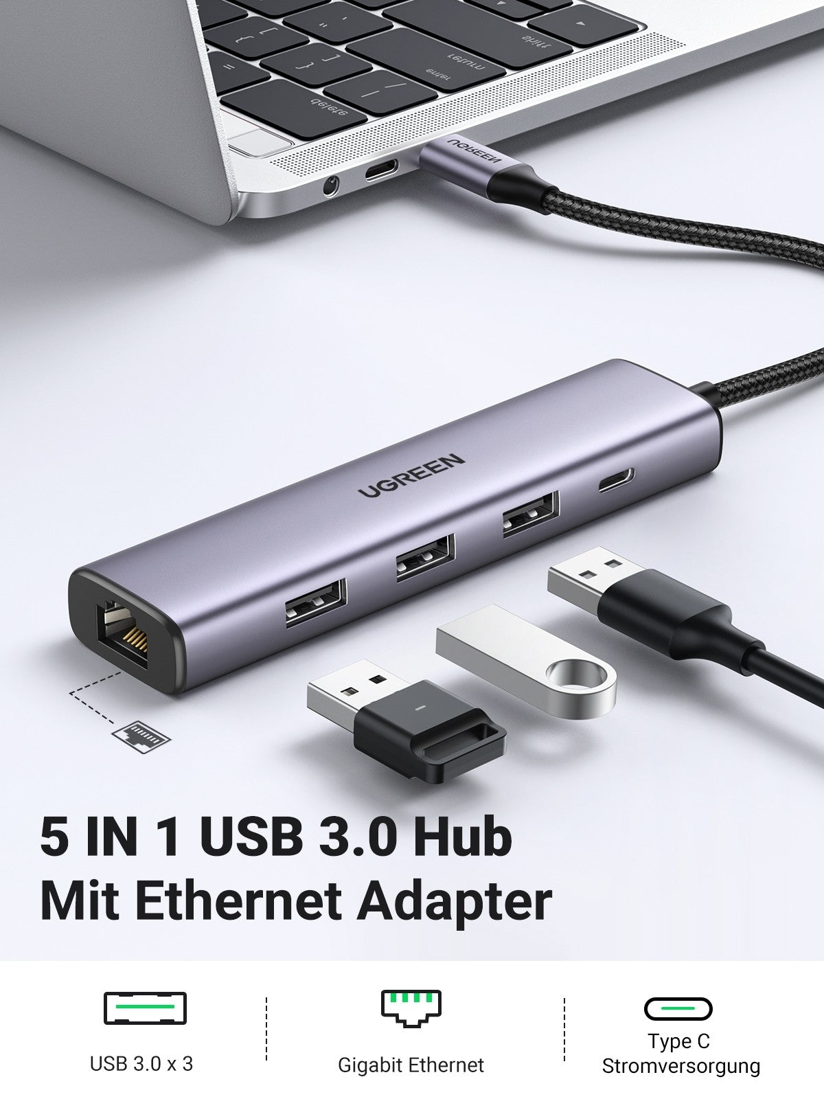 UGREEN 60554 USB 3.0 to Ethernet Adapter 5 in 1 Multiport Hub with Gigabit RJ45 4