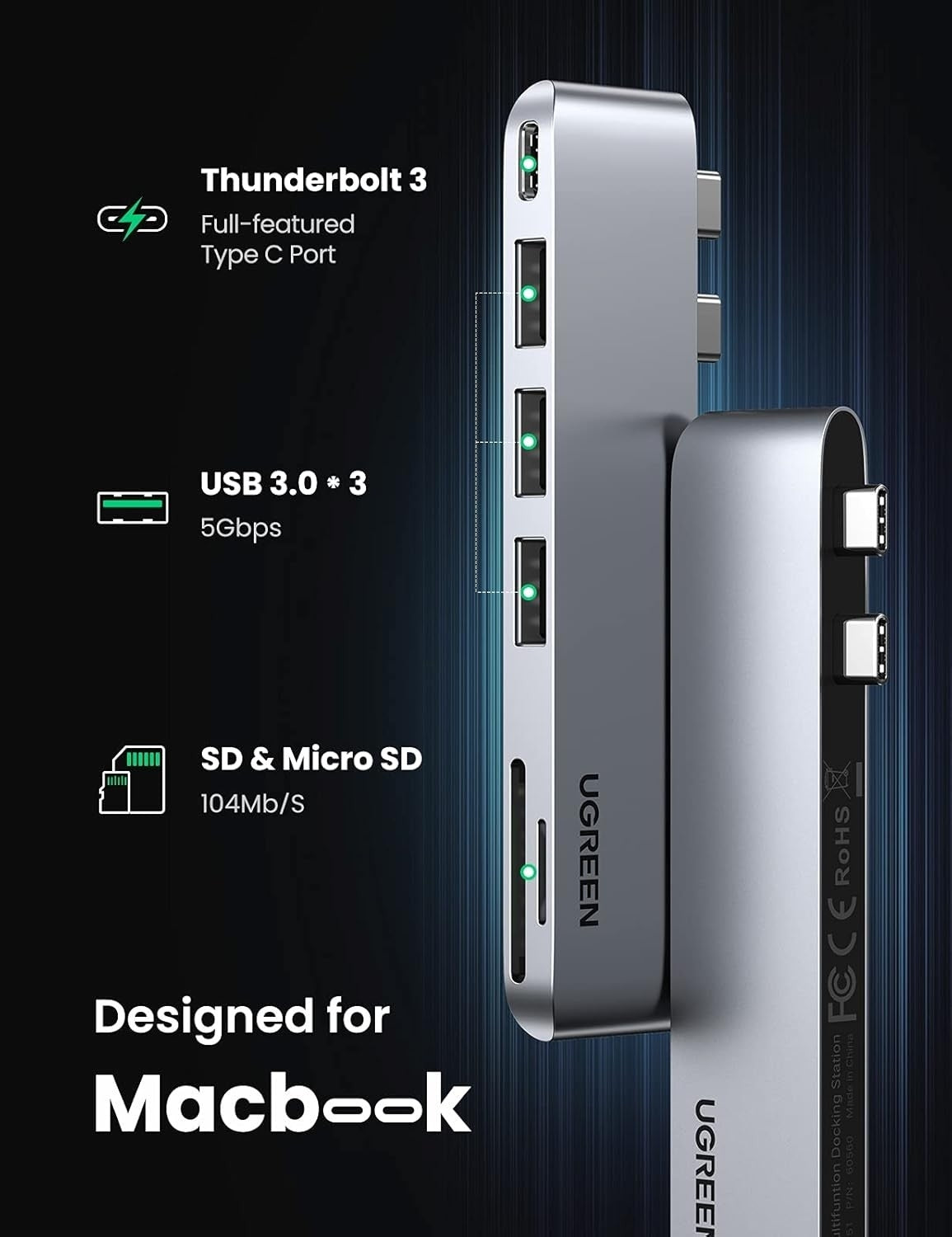 UGREEN 60560 USB-C Hub for MacBook Aluminum Type-C Adapter with 3 USB 3.0 100W 3