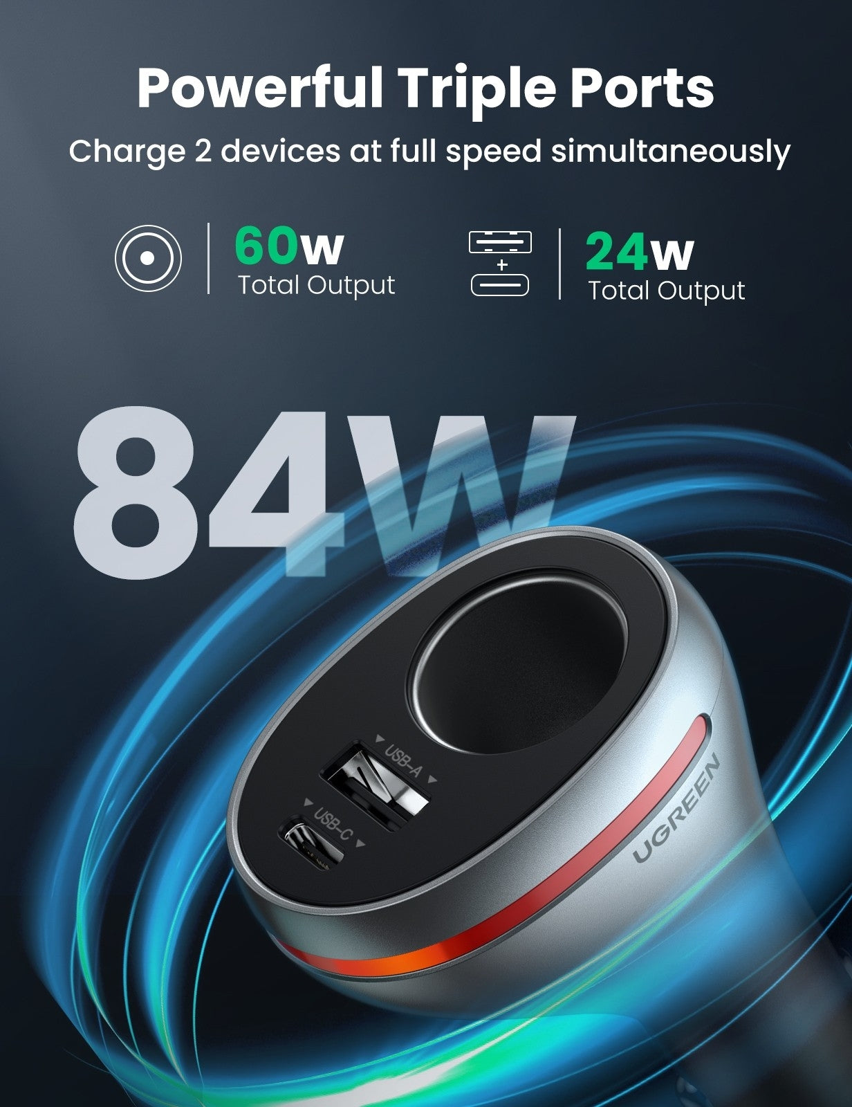UGREEN 60712 84W Dual Port Car Charger (Space Grey) 3