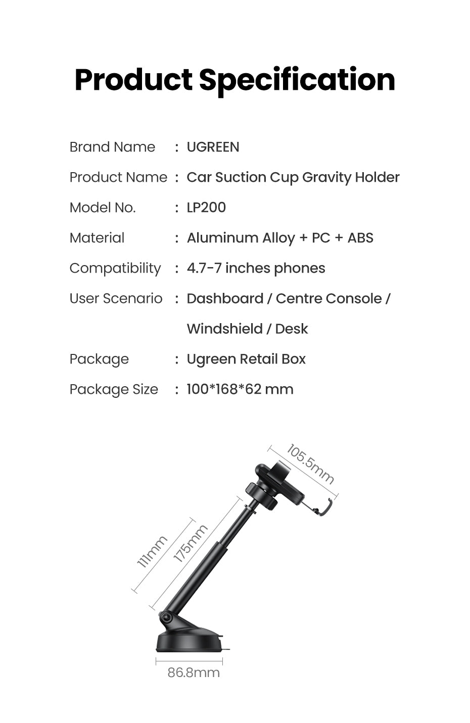 UGREEN 60990 Gravity Phone Holder with Suction Cup (Black) 8
