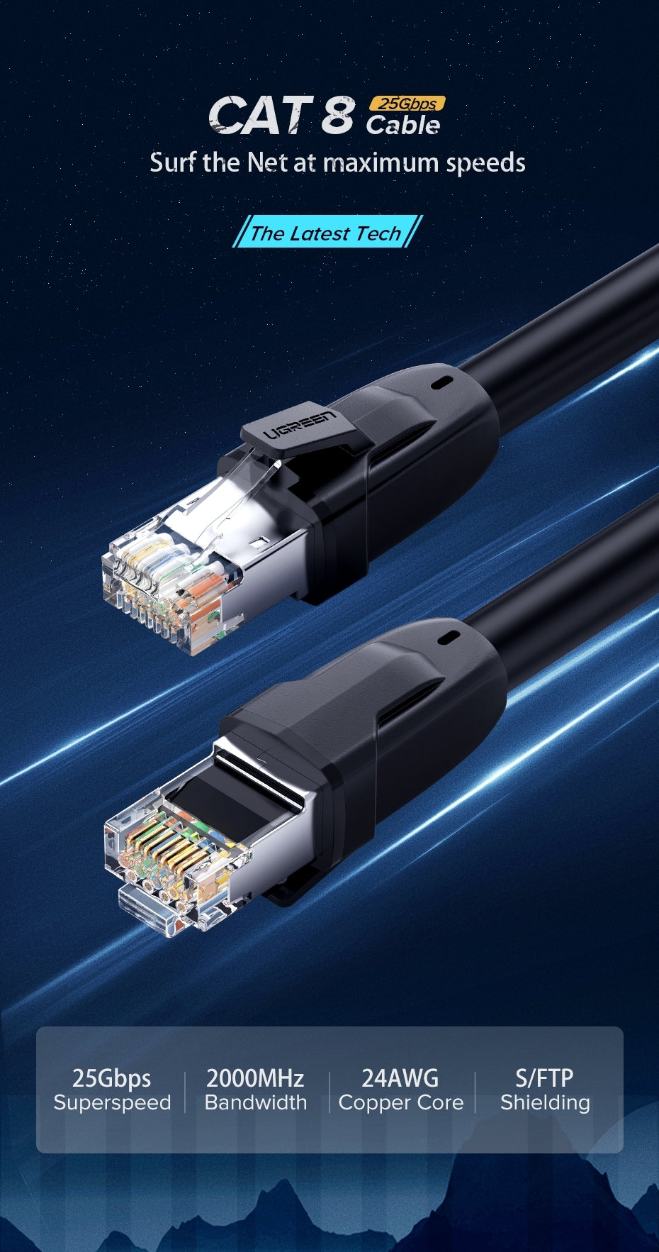 UGREEN 70327 Cat 8 Pure Copper Patch Cord Network Cable 1M 5