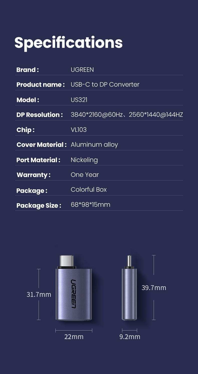 UGREEN 70451 USB-C Male to DP Female Adapter Aluminium Case 4K/2K 60Hz (Dark Gray) 7