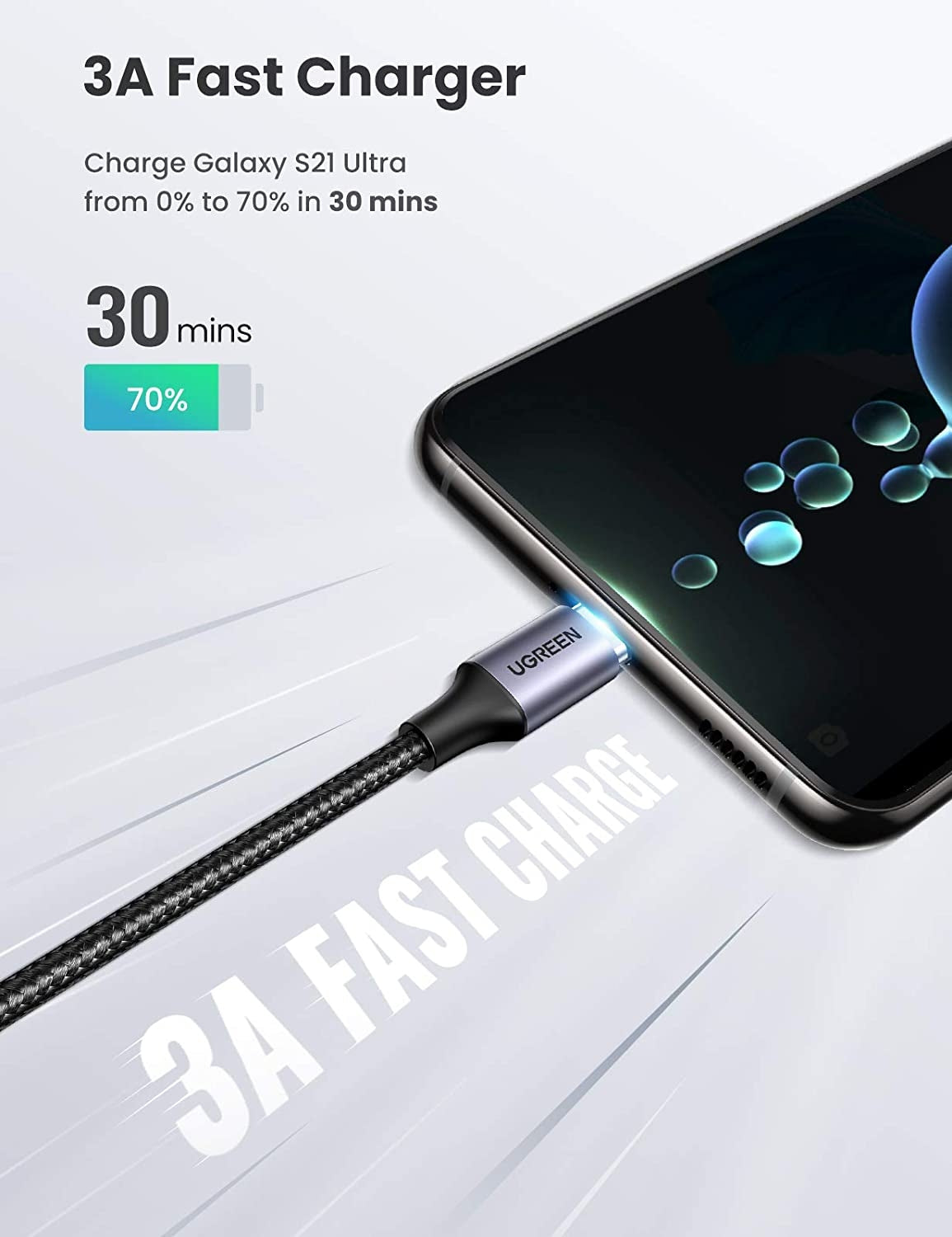 UGREEN 80714 USB-C 2.0 to Angle USB-C Cable Black 3M 3