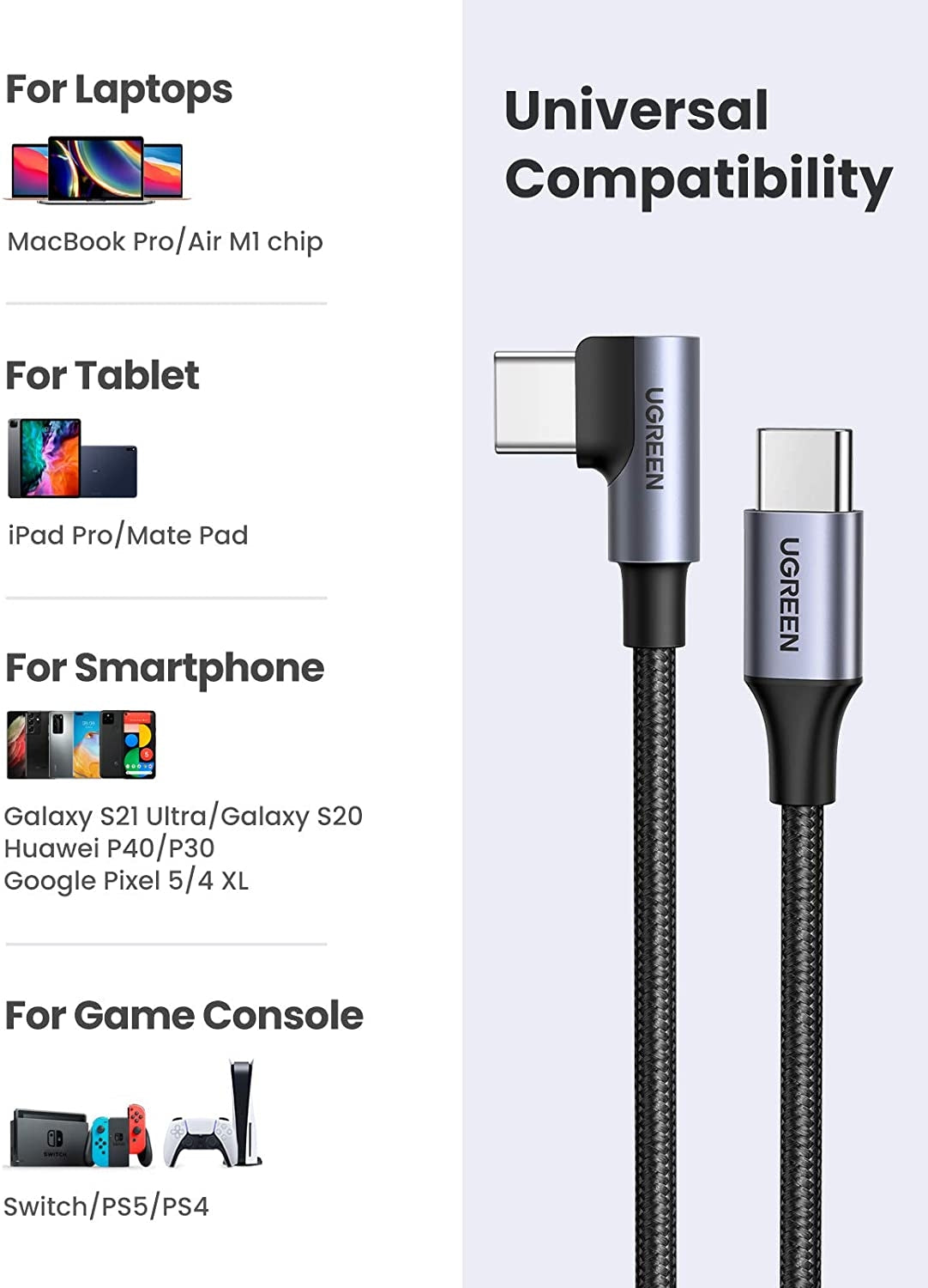 UGREEN 80714 USB-C 2.0 to Angle USB-C Cable Black 3M 5