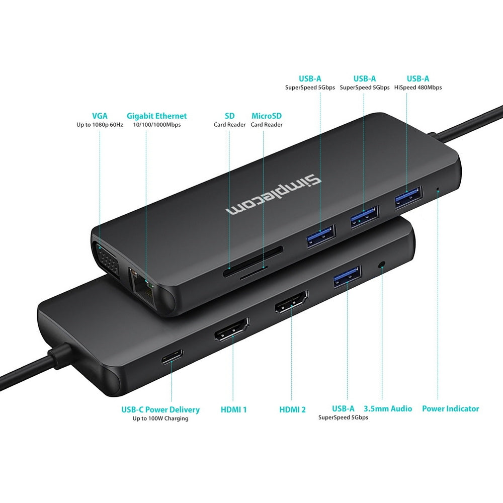 Simplecom CHN612 USB-C 12-in-1 Multiport Docking Station Dual HDMI + VGA Triple Display Gigabit LAN 4