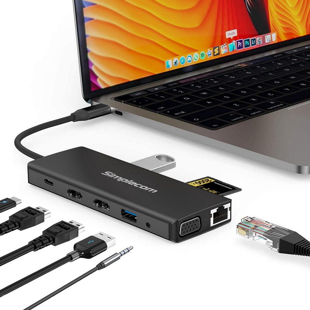 Simplecom CHN612 USB-C 12-in-1 Multiport Docking Station Dual HDMI + VGA Triple Display Gigabit LAN 5