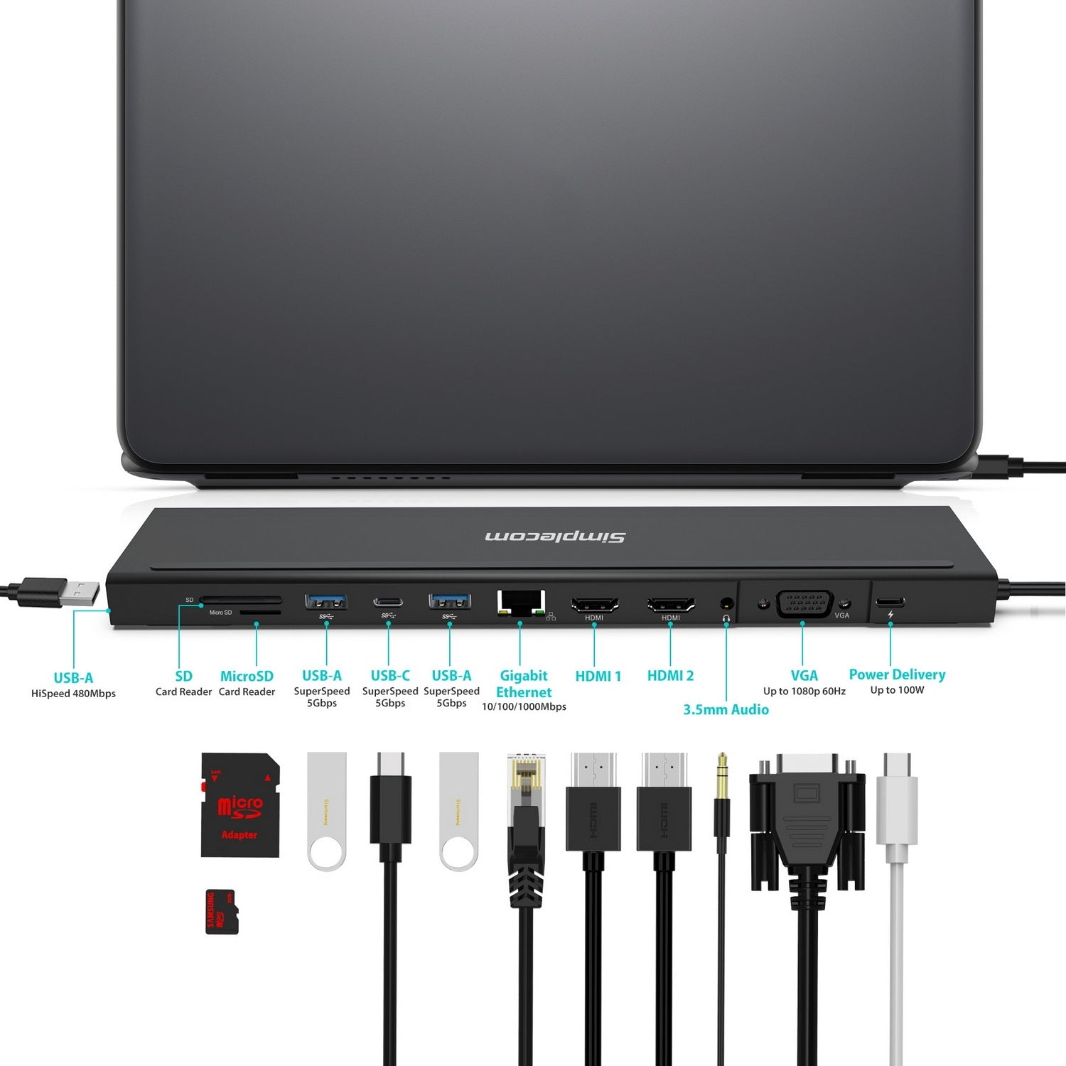 Simplecom CHN622 USB-C 12-in-1 Multiport Docking Station Laptop Stand Dual HDMI + VGA Triple Display Gigabit LAN 4