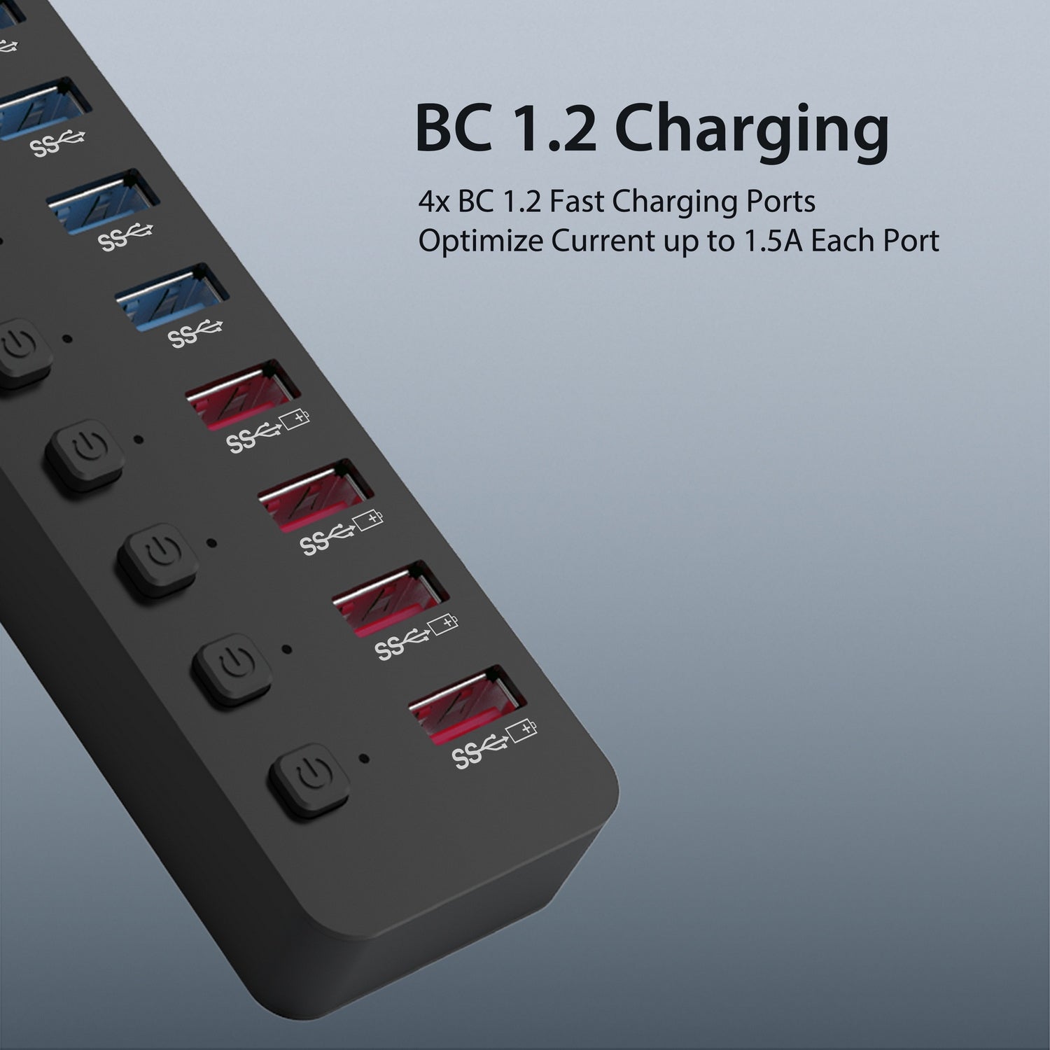 Simplecom CHU810 48W 10-Port USB 3.0 Hub and Charger with Individual Switches 12V/4A Power Adapter BC1.2 Fast Charging 3