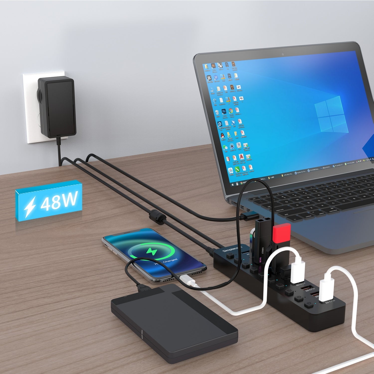 Simplecom CHU810 48W 10-Port USB 3.0 Hub and Charger with Individual Switches 12V/4A Power Adapter BC1.2 Fast Charging 5