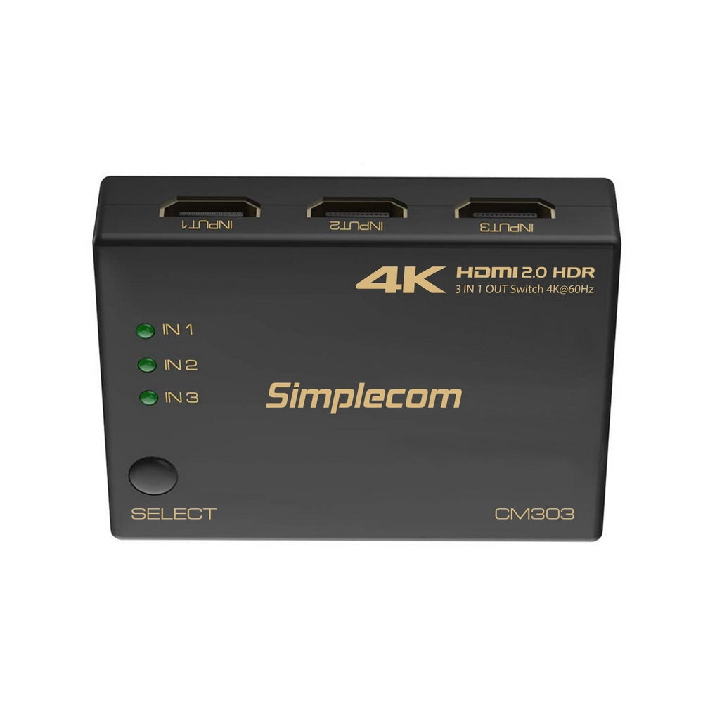 Simplecom CM303 Ultra HD 3 Way HDMI Switch 3 IN 1 OUT Splitter 4K@60Hz 3