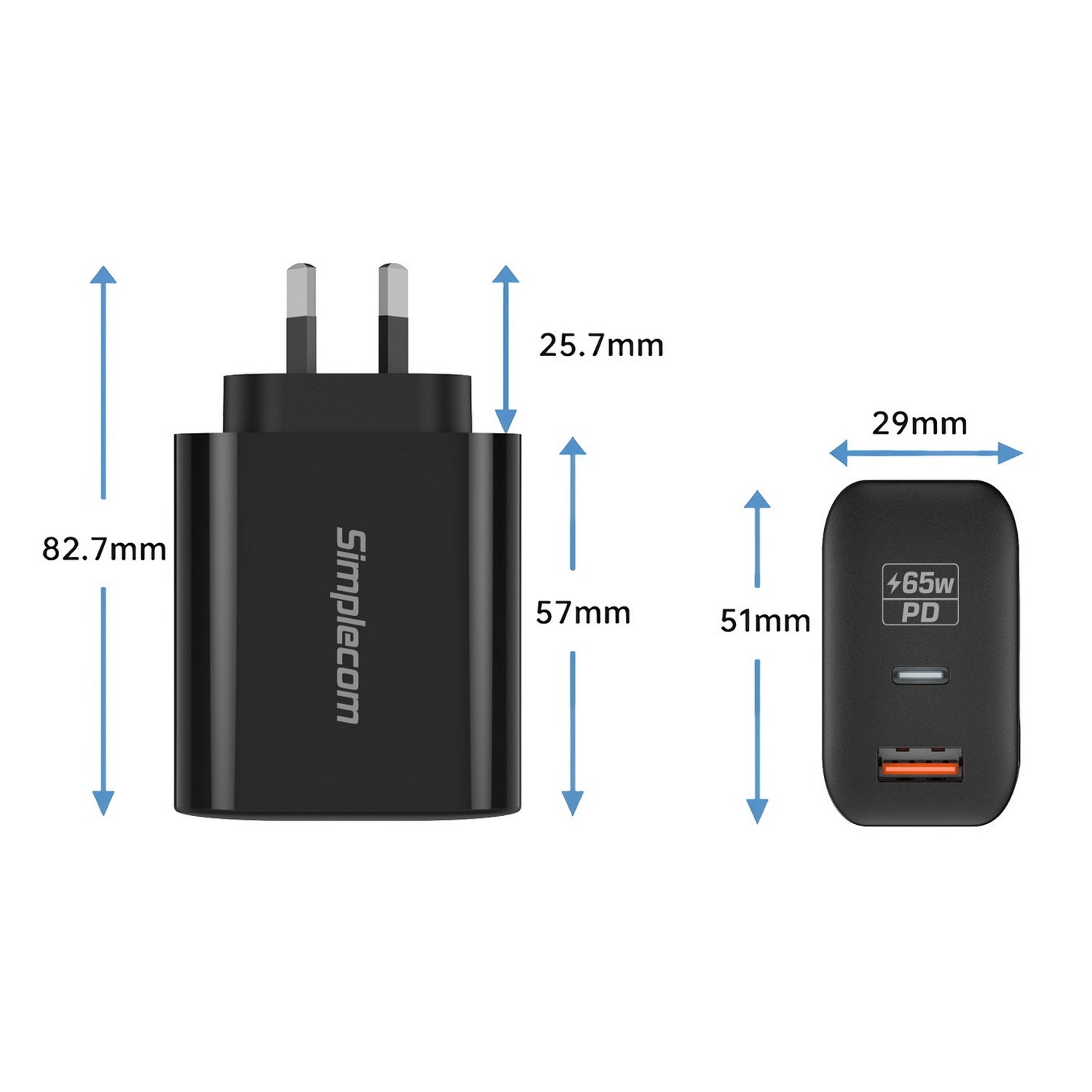 Simplecom CU265 Dual Port PD 65W GaN Fast Wall Charger USB-C + USB-A for Phone Laptop 3