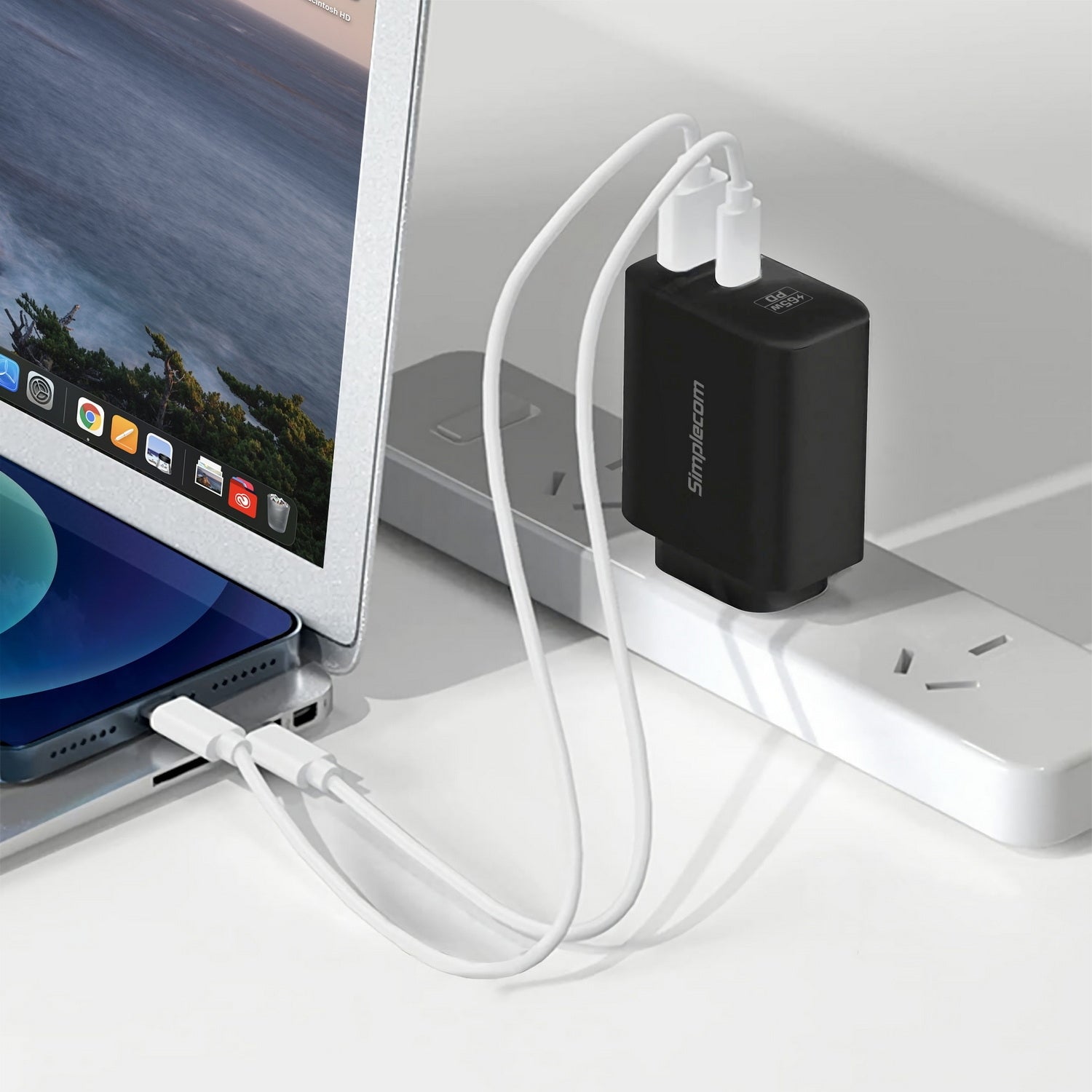 Simplecom CU265 Dual Port PD 65W GaN Fast Wall Charger USB-C + USB-A for Phone Laptop 5