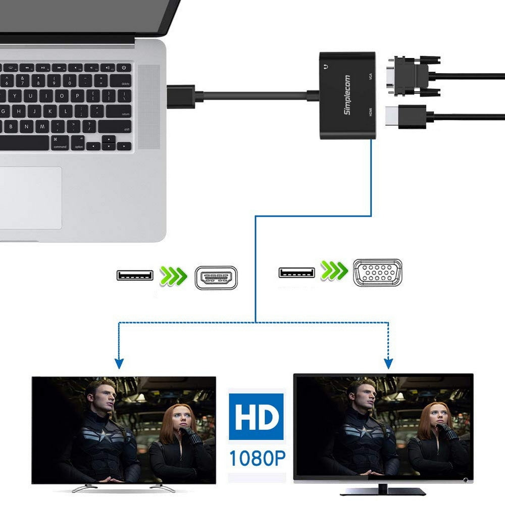Simplecom DA316A USB to HDMI + VGA Video Card Adapter with 3.5mm Audio 3