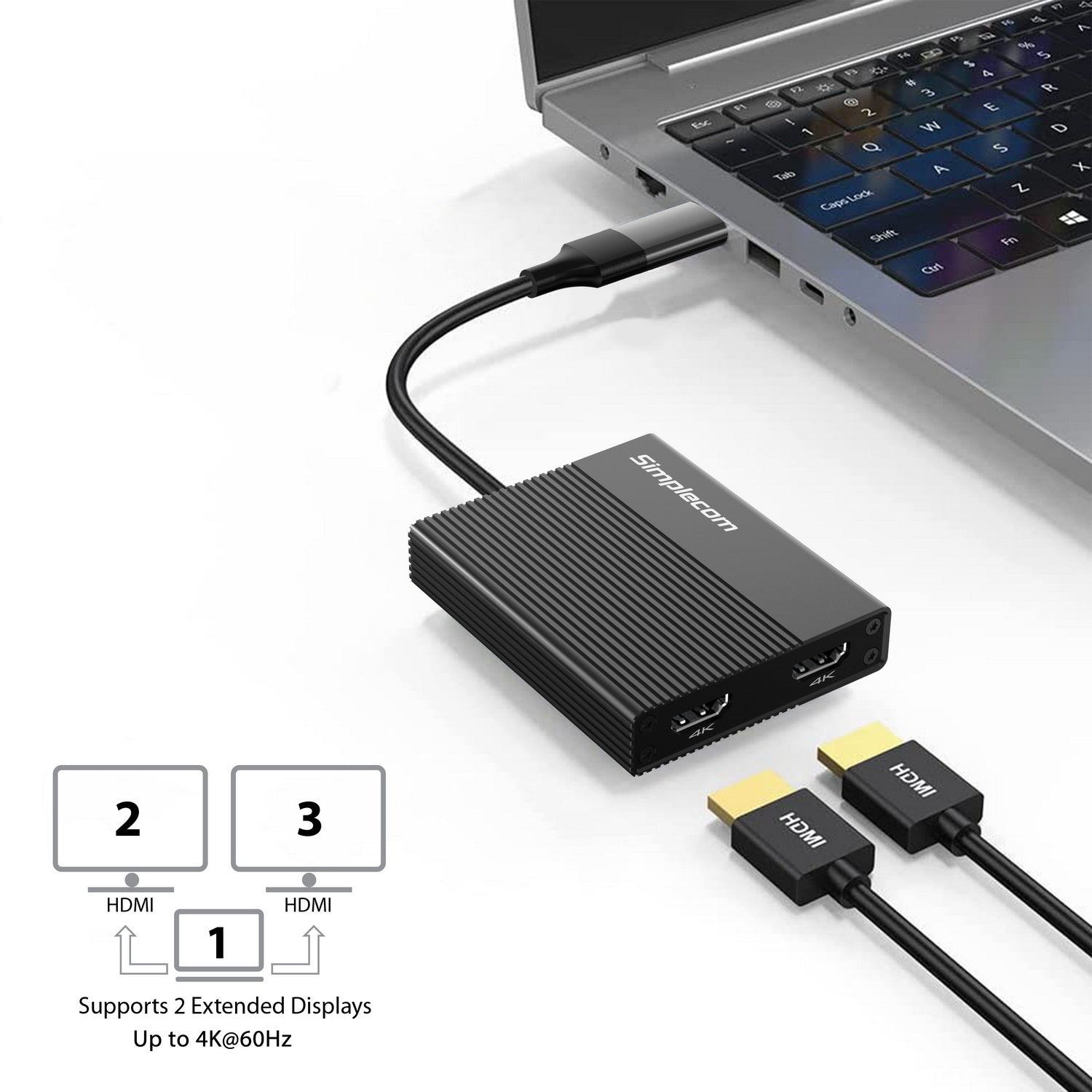 Simplecom DA369 USB 3.0 or USB-C to Dual 4K HDMI 2.0 Display Adapter for 2x 4K@60Hz Extended Screens 4