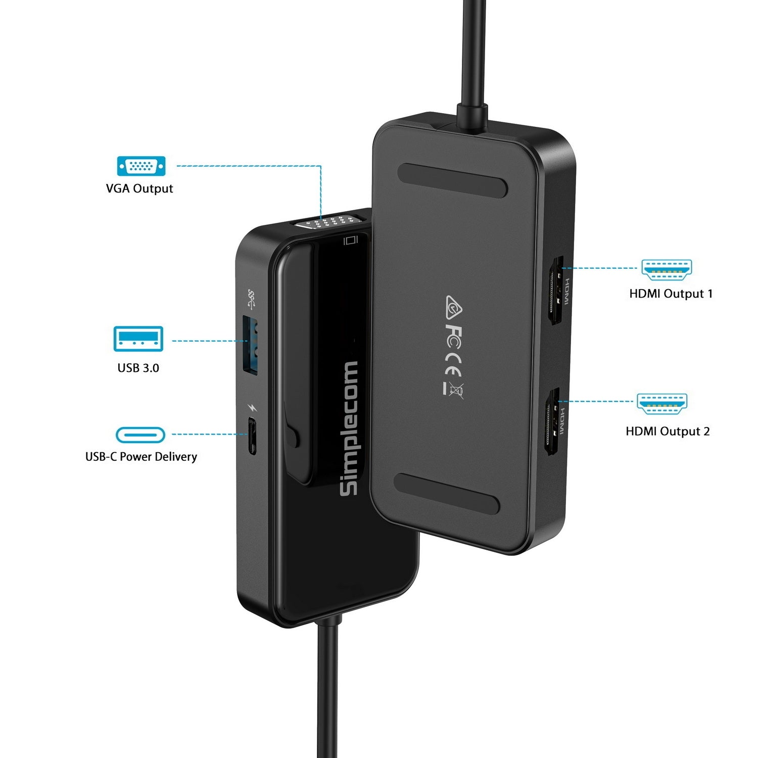 Simplecom DA451 5-in-1 USB-C Multiport Adapter MST Hub with VGA and Dual HDMI 3