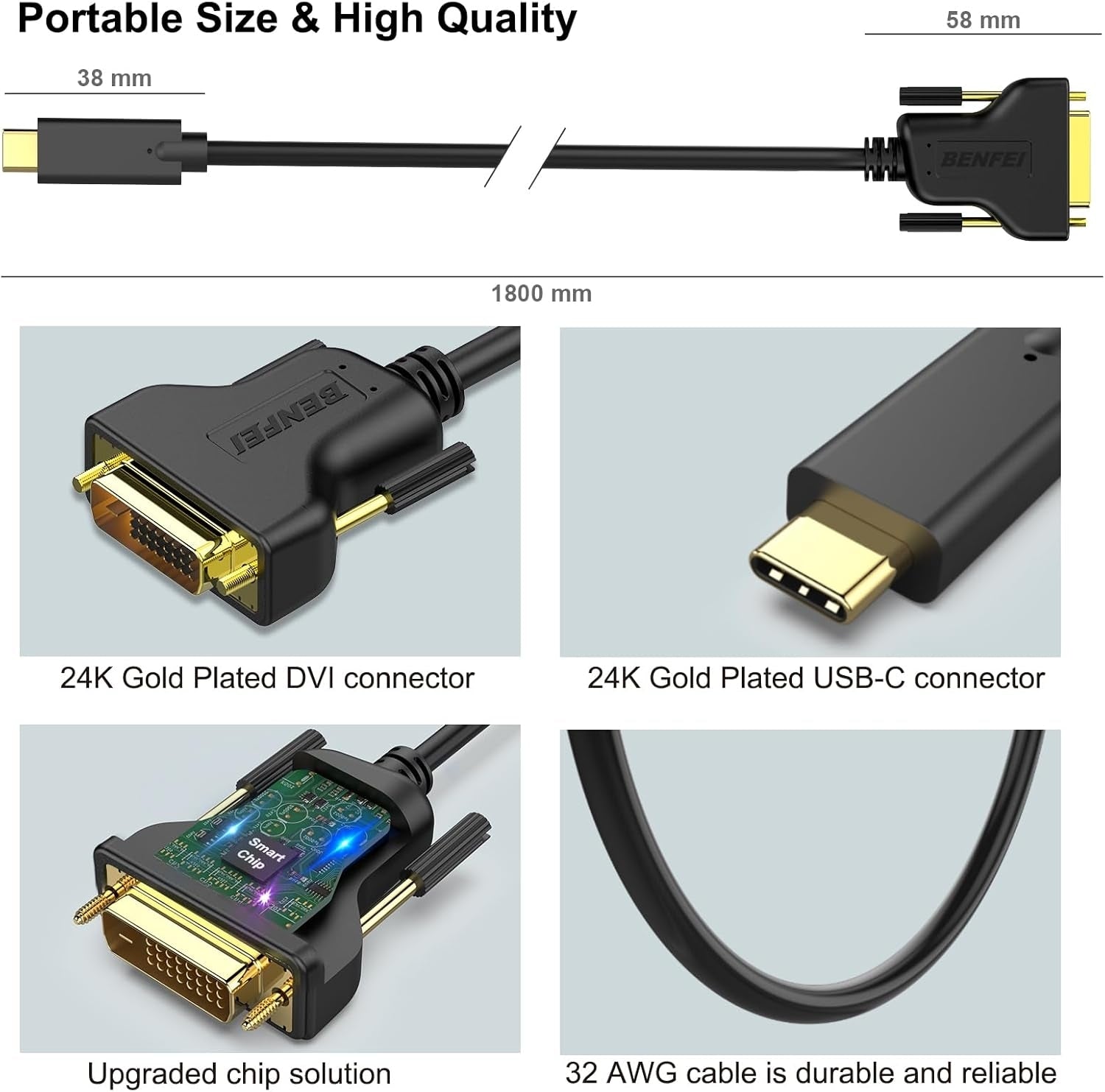 BENFEI USB C to DVI Cable 1.8m 5