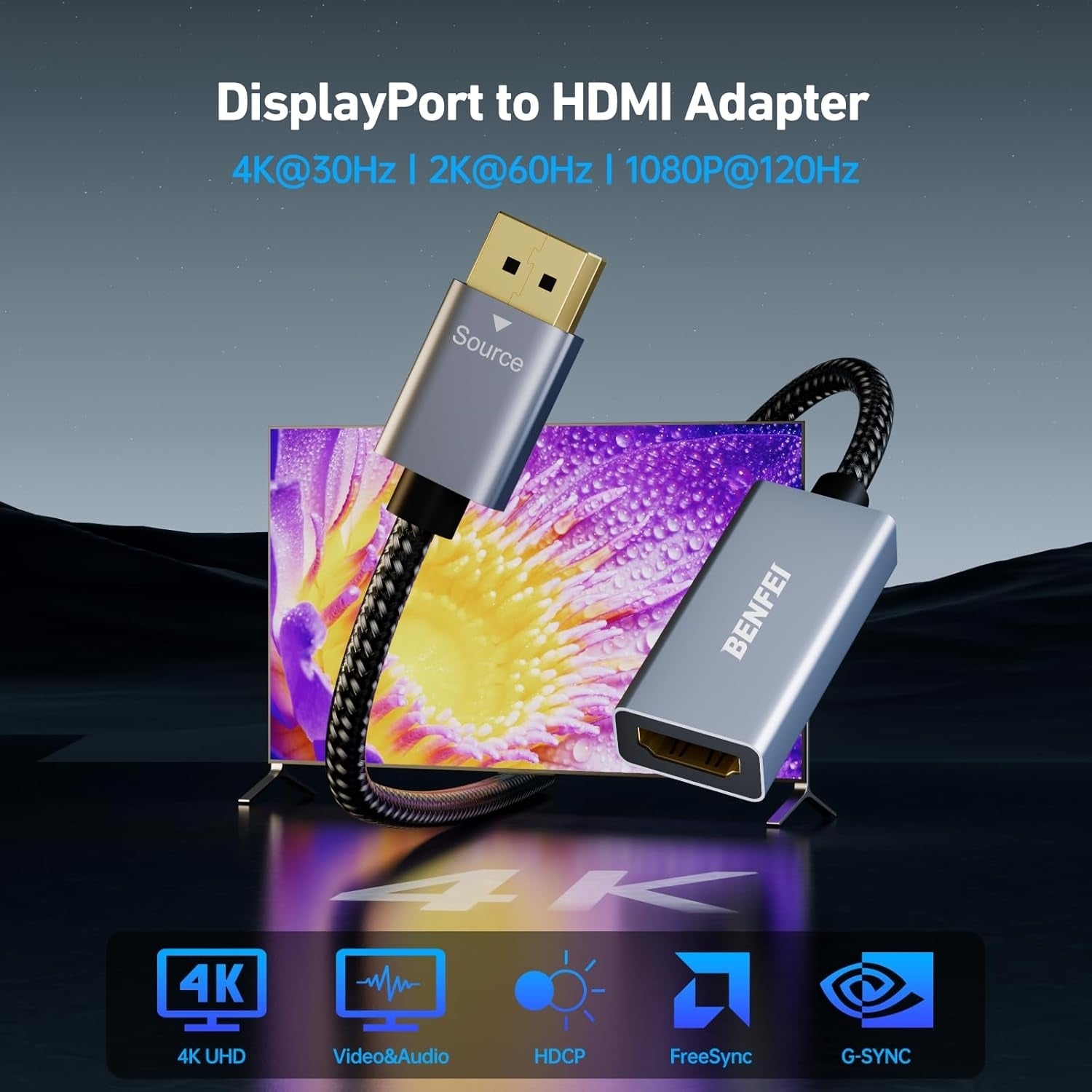 BENFEI 4K DisplayPort to HDMI Adapter, (2K 60Hz, 1080p 120Hz) Uni-Directional Display Port to HDMI Monitor Converter 3