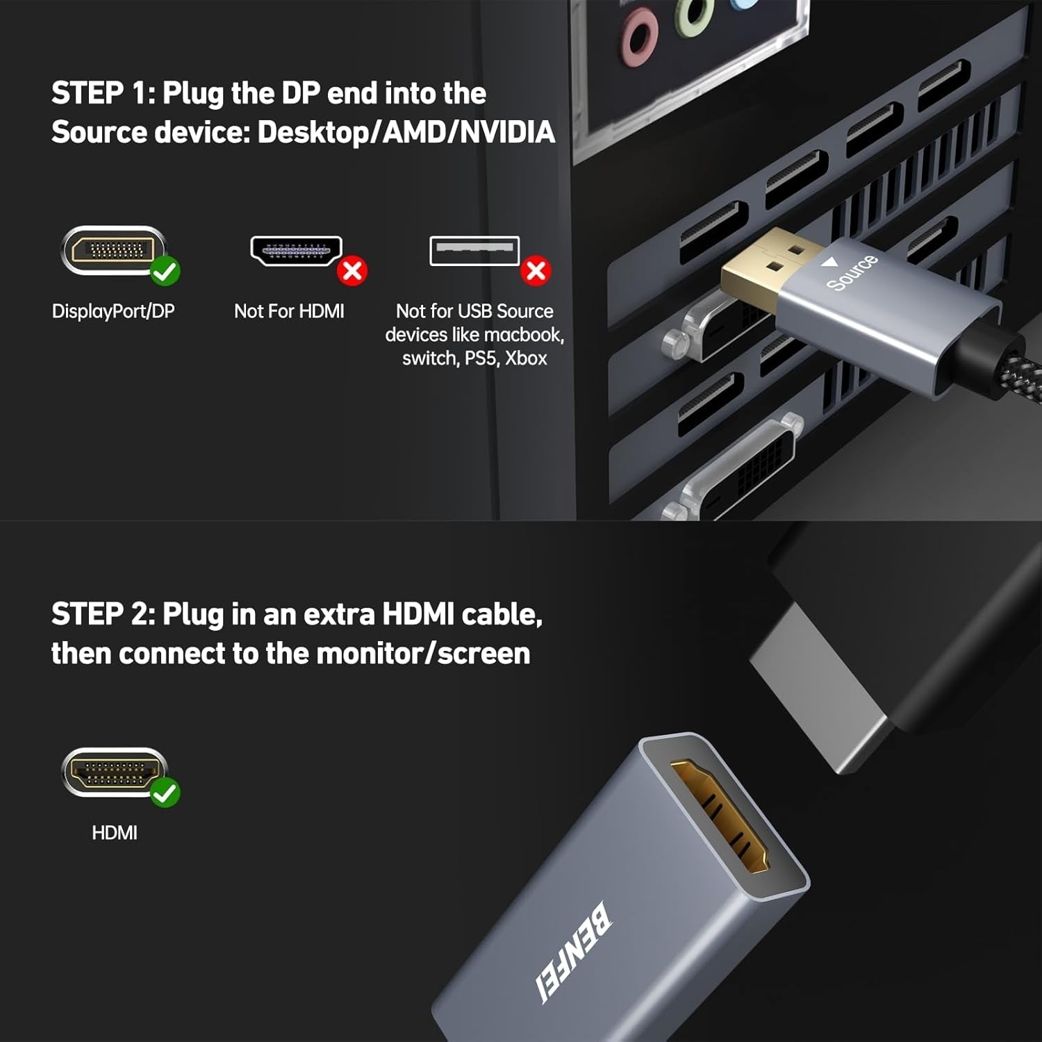 BENFEI 4K DisplayPort to HDMI Adapter, (2K 60Hz, 1080p 120Hz) Uni-Directional Display Port to HDMI Monitor Converter 7
