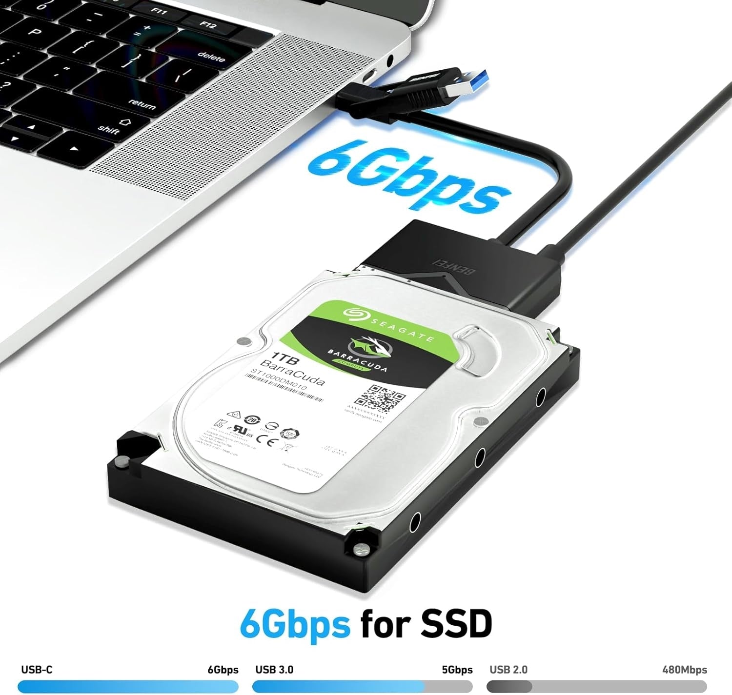 BENFEI 221BK USB 3.0 to SATA III Hard Drive Adapter for 2.5/3.5-inch HDD/SSD with 12V/2A Power Adapter, Support UASP 3