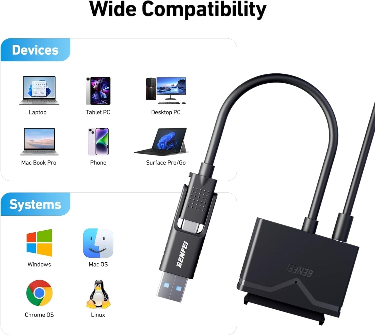 BENFEI 221BK USB 3.0 to SATA III Hard Drive Adapter for 2.5/3.5-inch HDD/SSD with 12V/2A Power Adapter, Support UASP 6