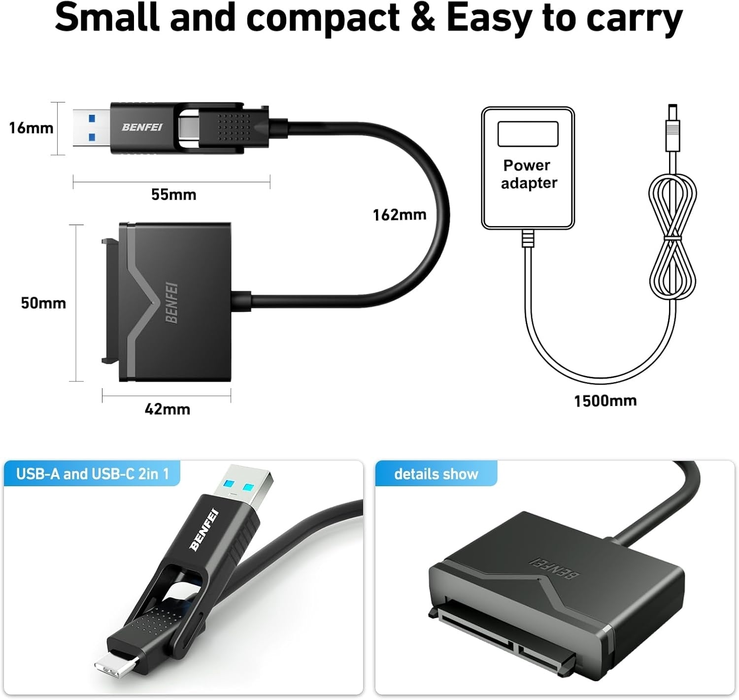 BENFEI 221BK USB 3.0 to SATA III Hard Drive Adapter for 2.5/3.5-inch HDD/SSD with 12V/2A Power Adapter, Support UASP 7