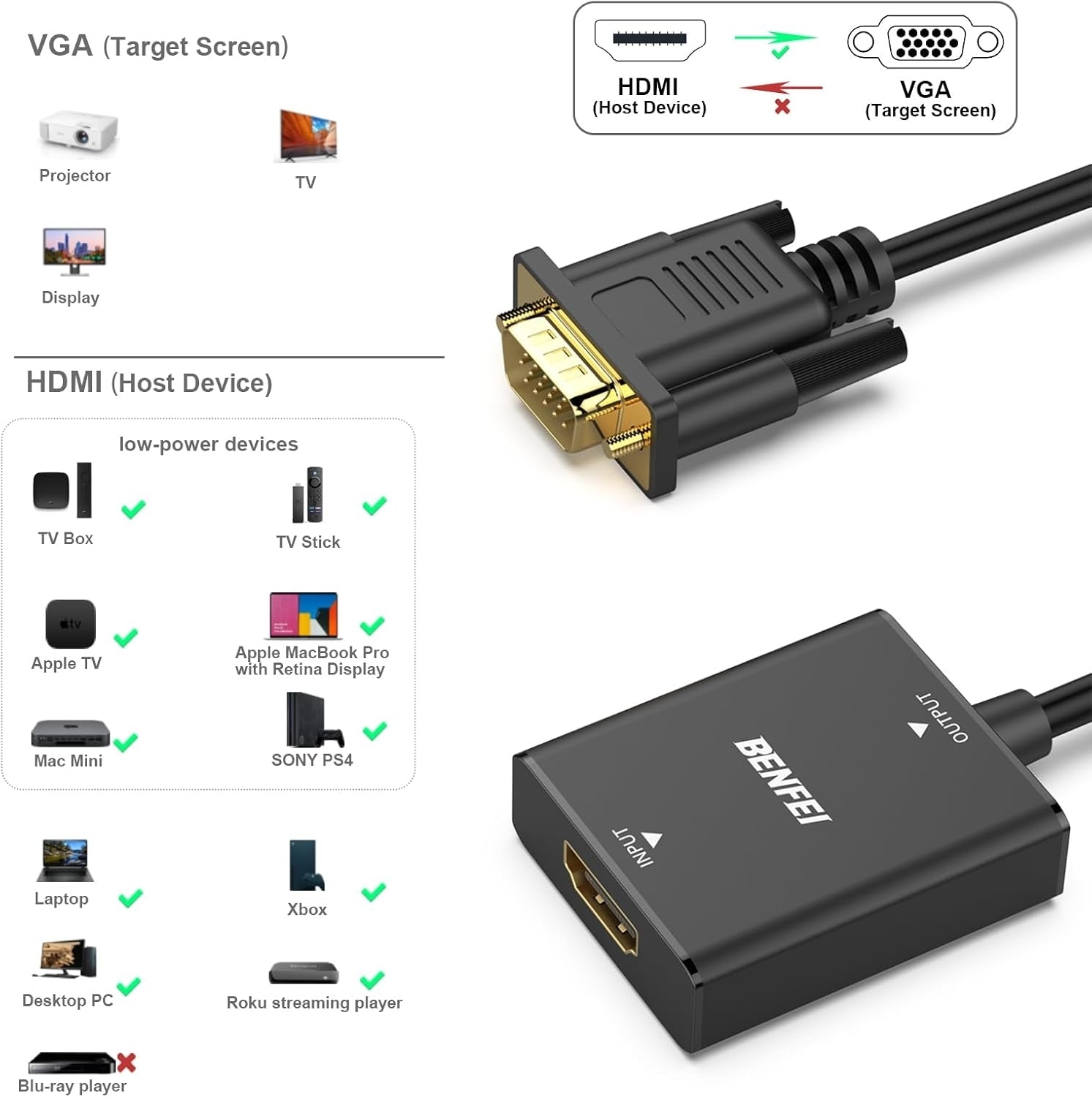 BENFEI HDMI to VGA, Uni-Directional HDMI Computer to VGA Monitor  Adapter (Female to Male) with 3.5mm Audio Jack 5
