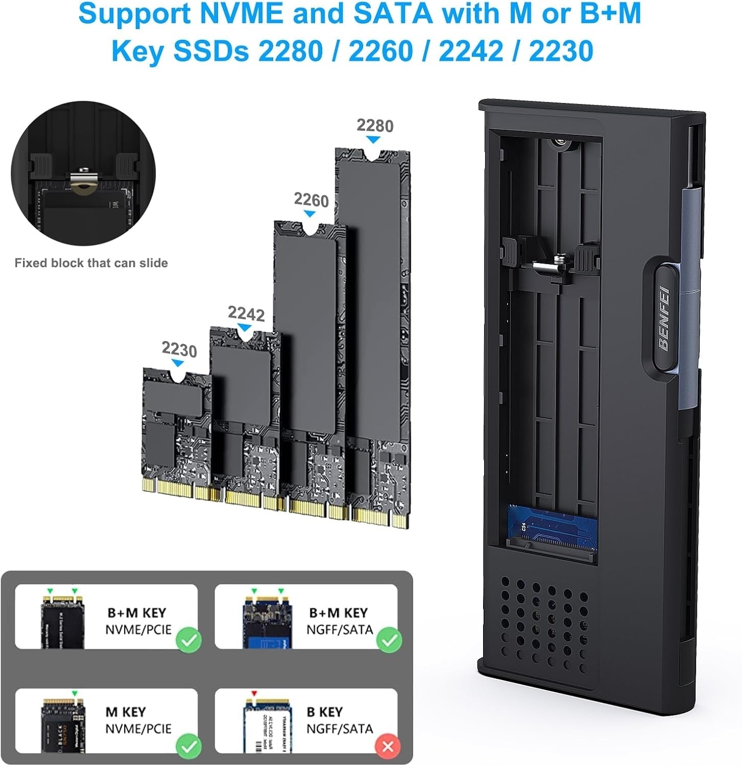 BENFEI 345GY M.2 NVME SATA SSD Enclosure, 10 Gbps USB Type-C/Type-A to NVME PCI-E SATA M-Key/(B+M) 4