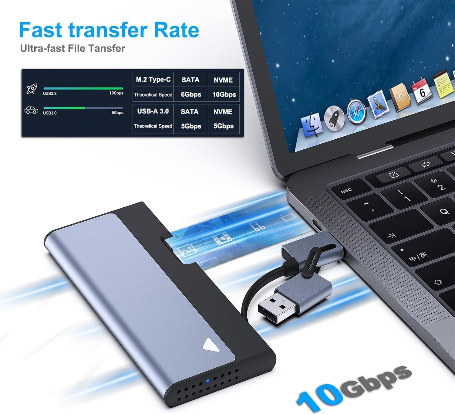 BENFEI 345GY M.2 NVME SATA SSD Enclosure, 10 Gbps USB Type-C/Type-A to NVME PCI-E SATA M-Key/(B+M) 5